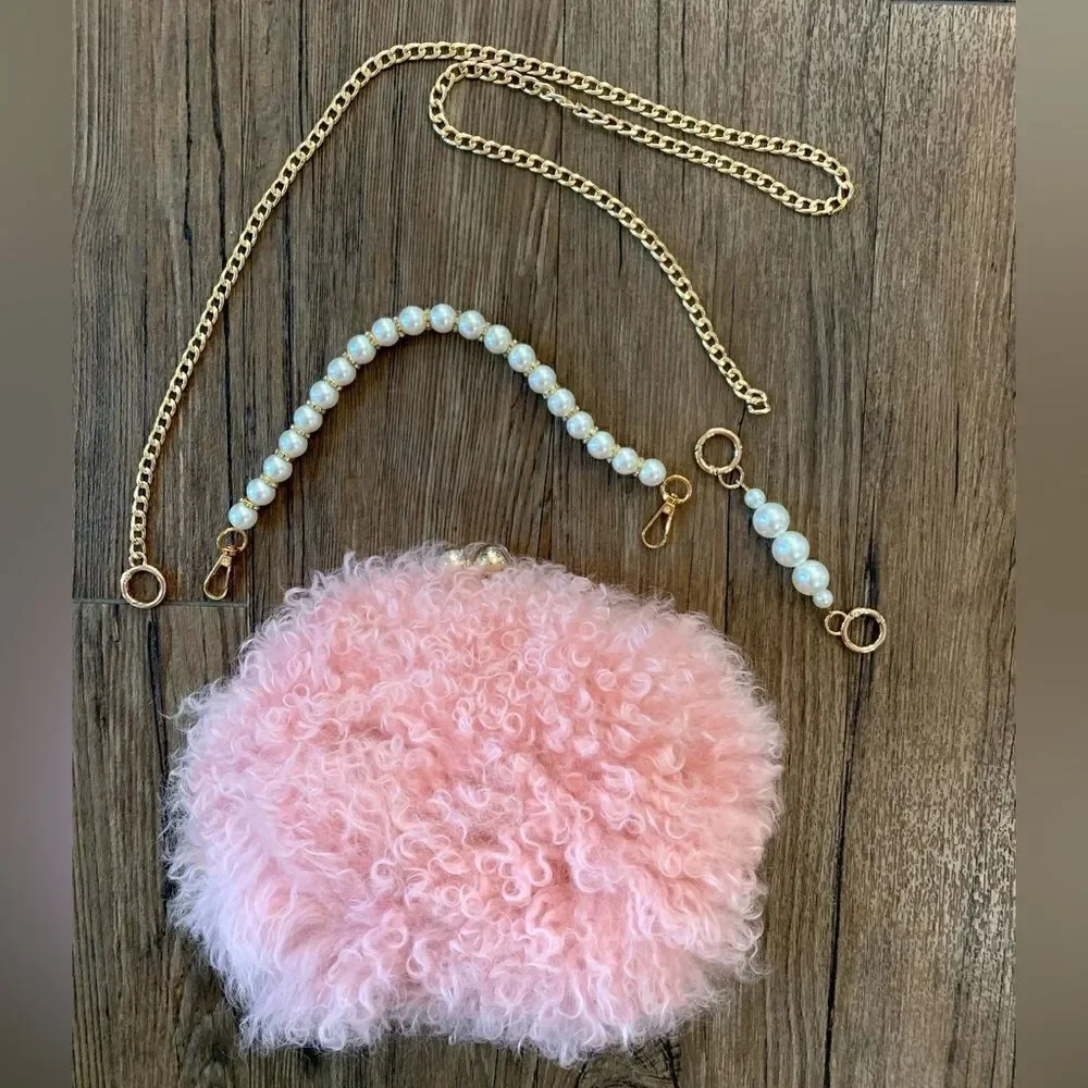Handmade Genuine Curly Shearling Kisslock Wristlet/Shoulder Bag/Crossbody